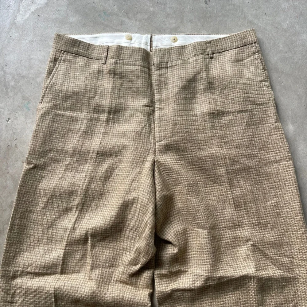 Vintage 80s Polo Ralph Lauren Mens Silk Flax Houndstooth Pants Italy Tan 40R